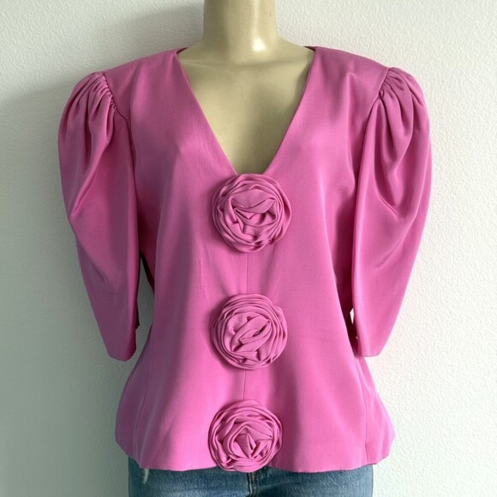 Vintage Rina di Montella Silk Rosette Blouse Pink Puff Sleeve Coquette Romantic
